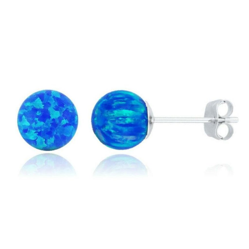 Sterling Silver 8mm Stud Earrings With Synthetic Opal And Rhodium